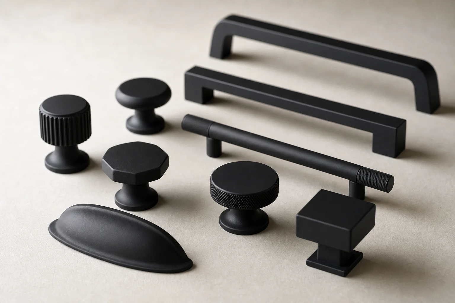 Close-up of black resin knobs and handles with sharp edges and smooth surfaces