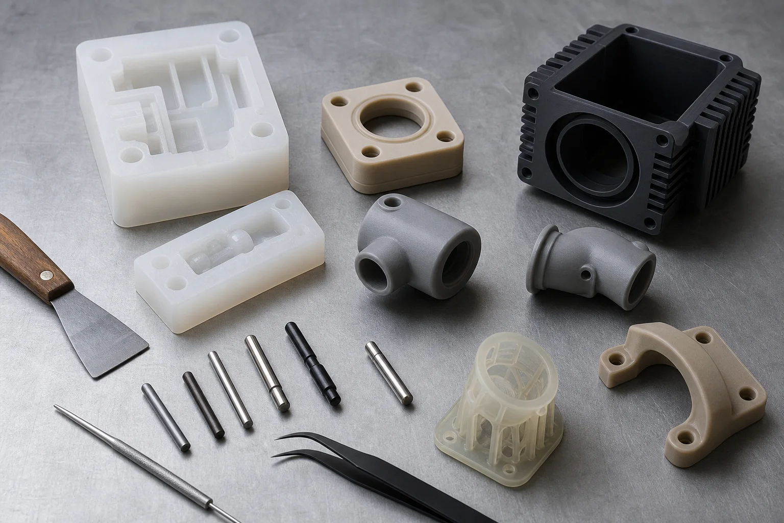 Assorted resin-printed parts including molds, tools, and functional components on work surface
