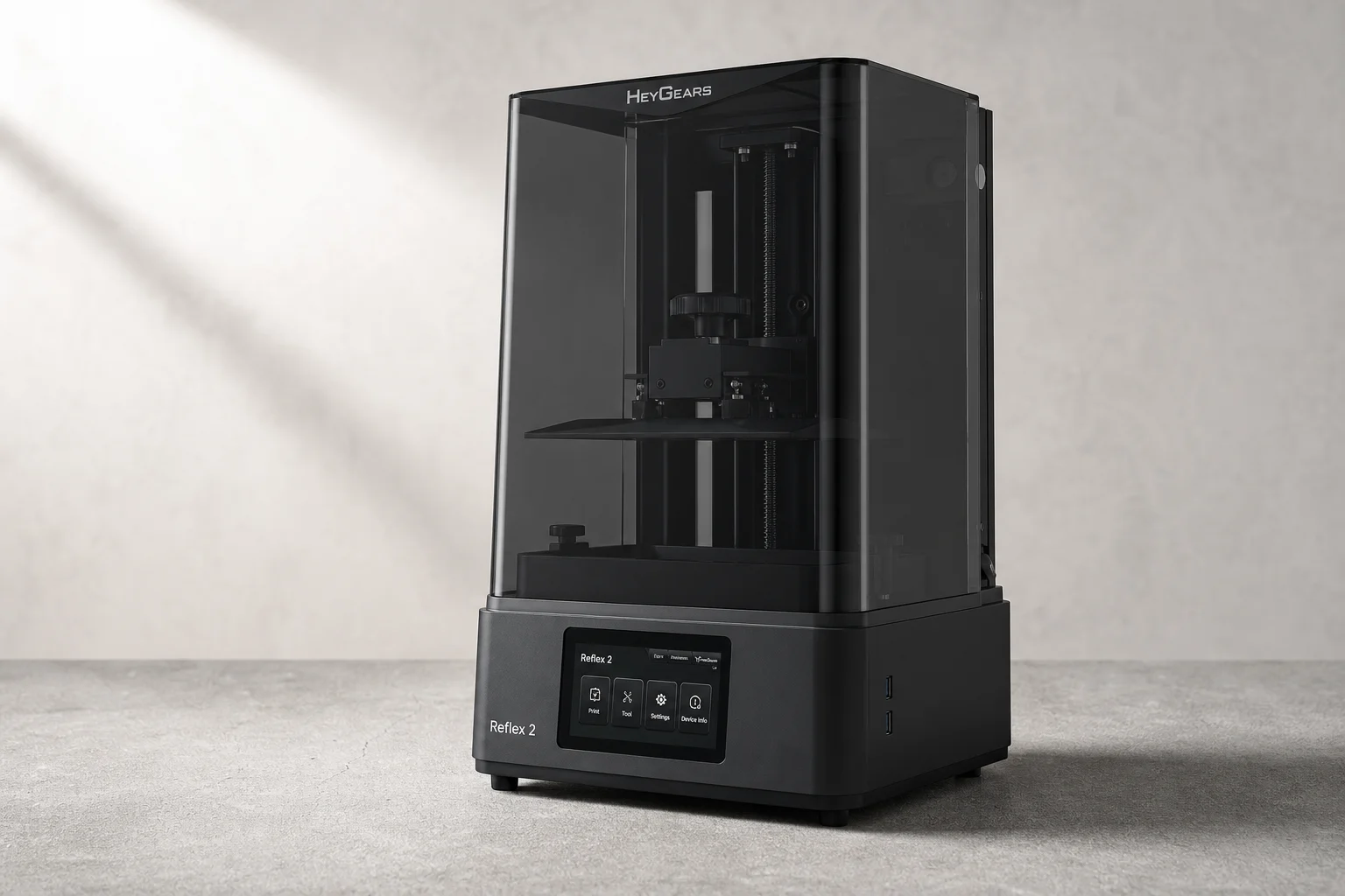 HeyGears Reflex 2 resin 3D printer on neutral concrete surface