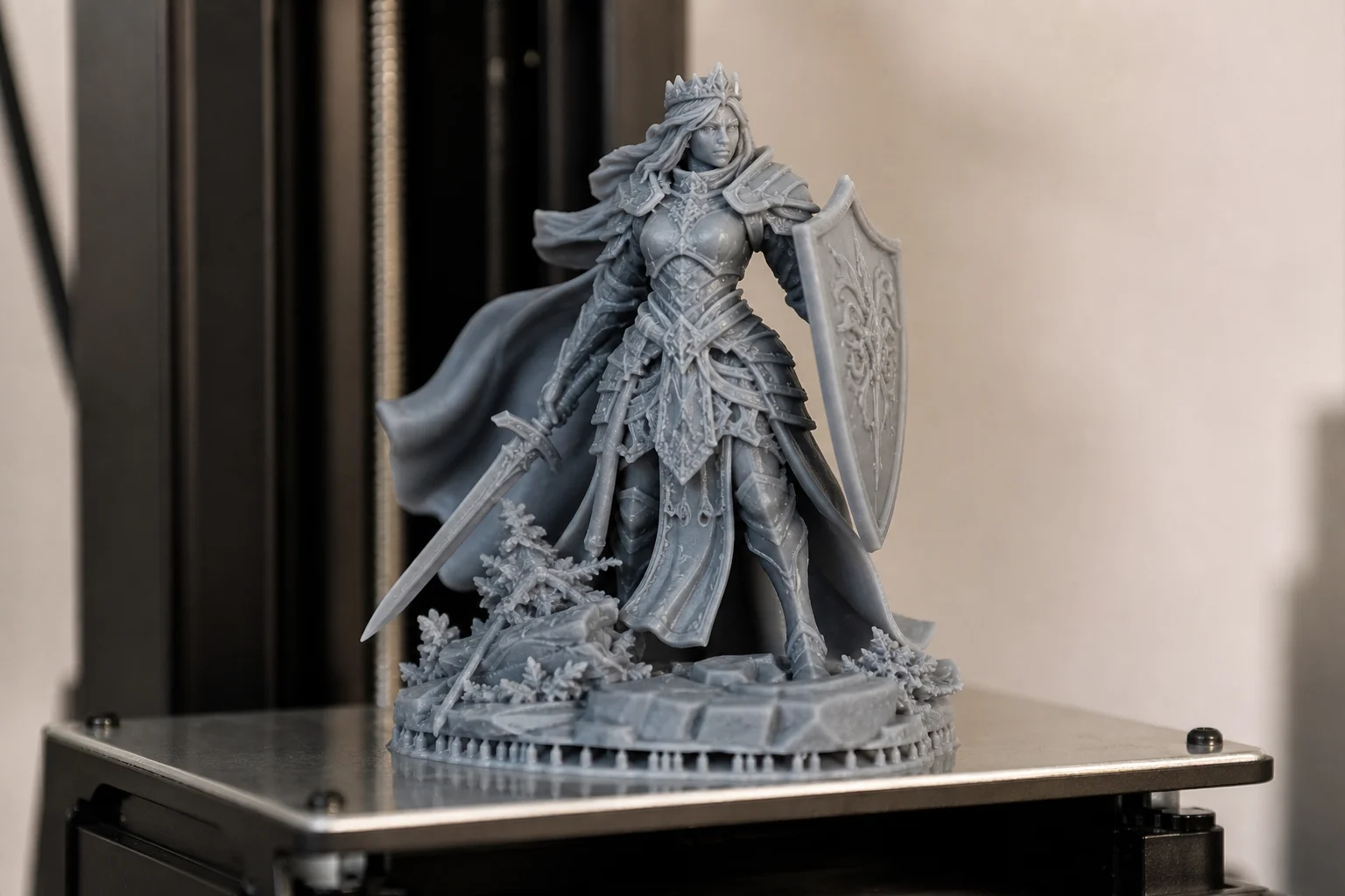 Primer plano de la plataforma de construcción de una impresora 3D de resina con un modelo en miniatura detallado