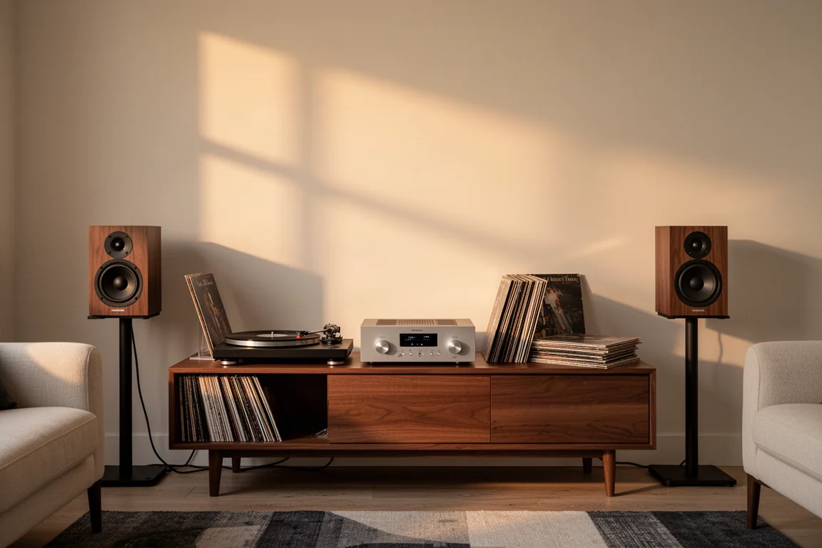 Sistema de hi-fi doméstico com amplificador e toca-discos sobre um console de madeira sob luz quente de fim de tarde