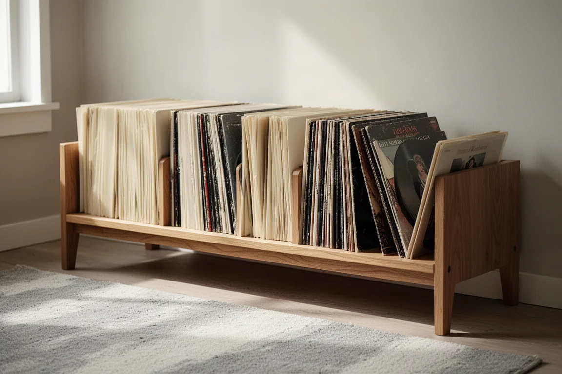 Prateleira de discos de vinil organizada em uma sala de audição com luz natural suave