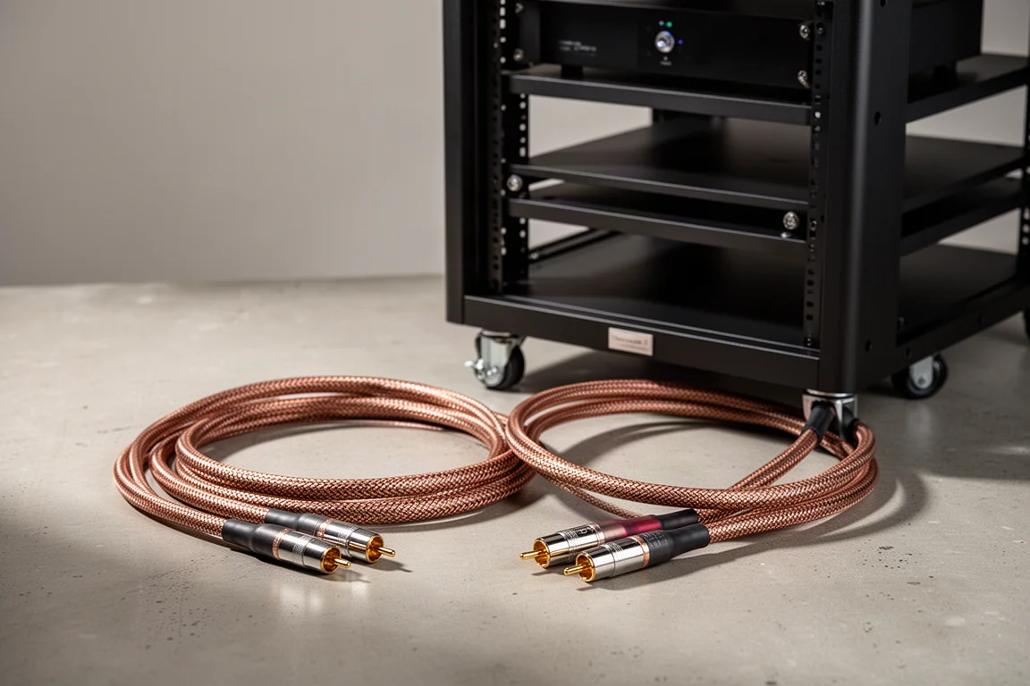 Shielded audio cables coiled next to a black modular equipment rack on a concrete surface