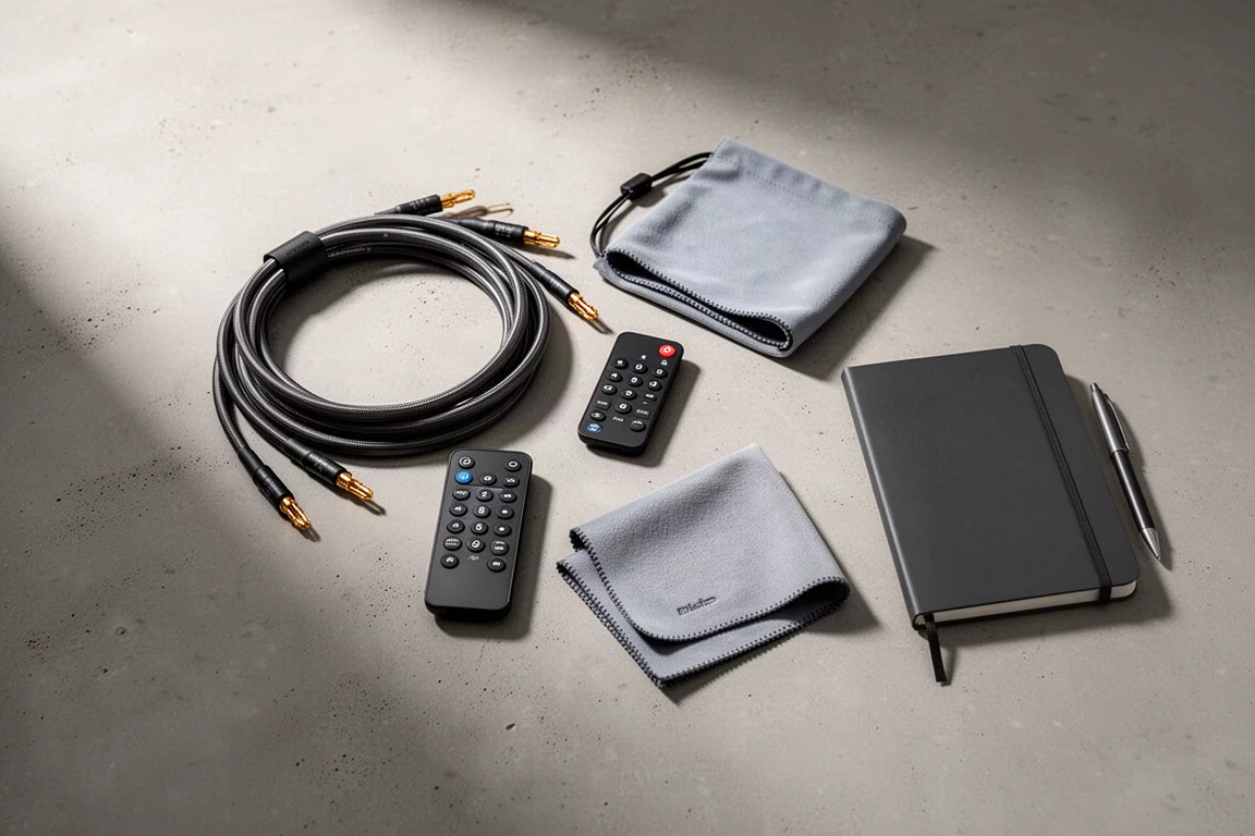 Vista cenital de accesorios de alta fidelidad sobre una superficie de hormigón con cables y un cuaderno