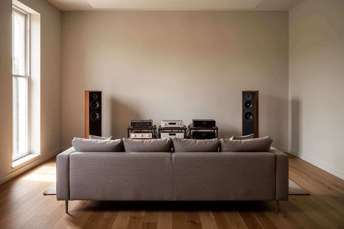 Sala de escucha vista desde detrás de un sofá con dos altavoces de suelo y luz natural