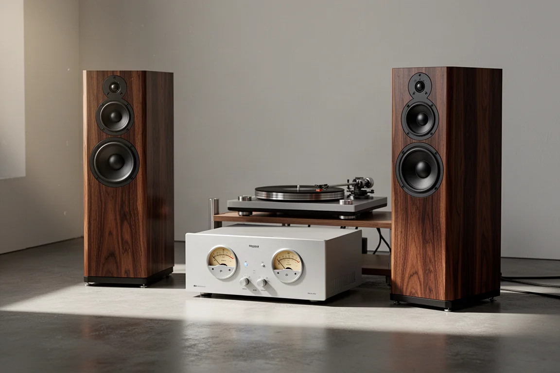 Floorstanding speakers and a silver amplifier with analog meters in a listening room