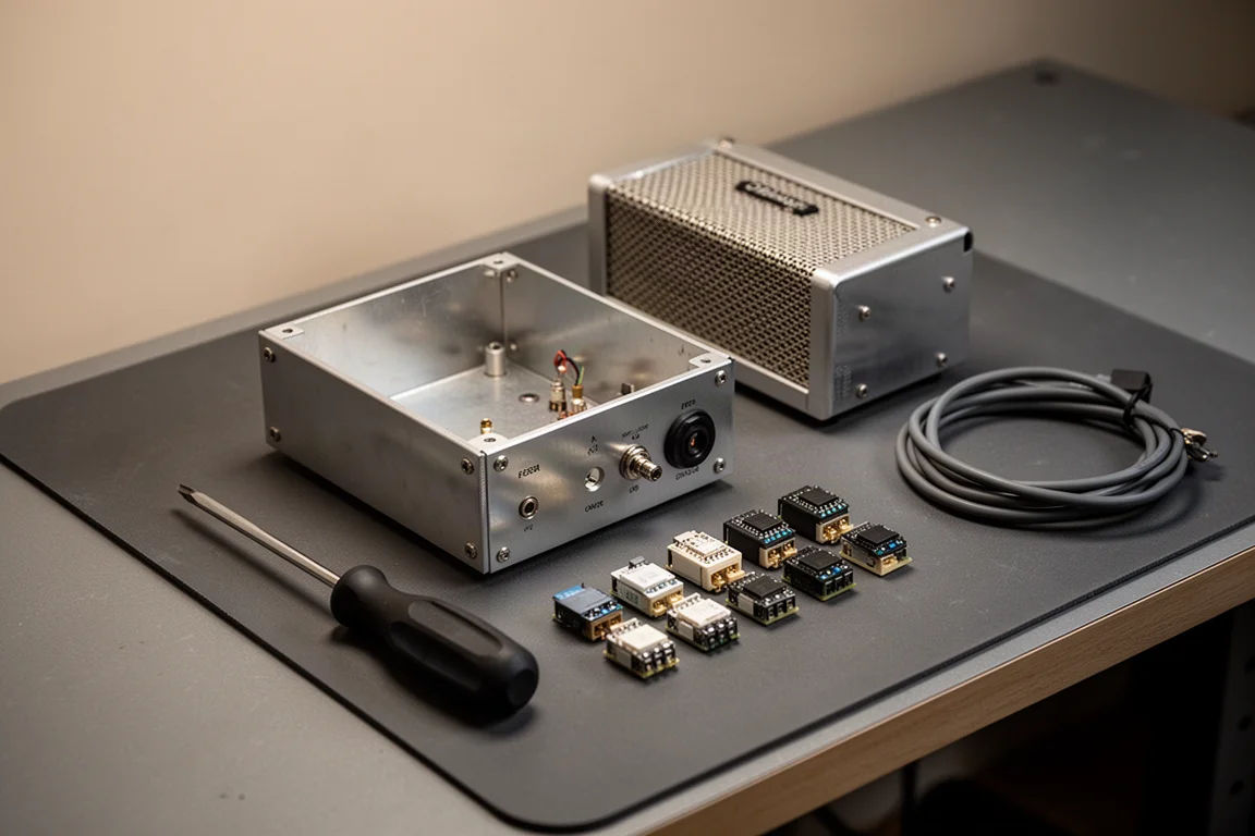 Établi avec un châssis d'amplificateur compact ouvert, des outils et de petits modules