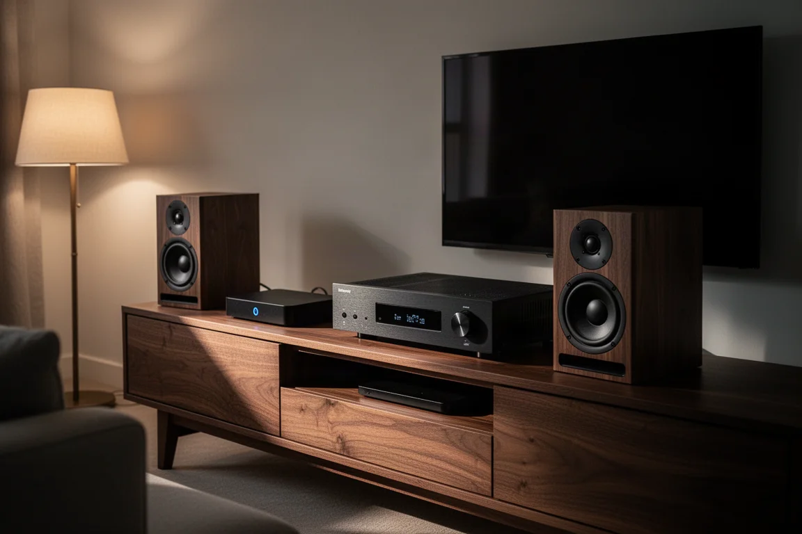 Streamer compact, amplificateur et enceintes bibliothèque sur un meuble en noyer la nuit