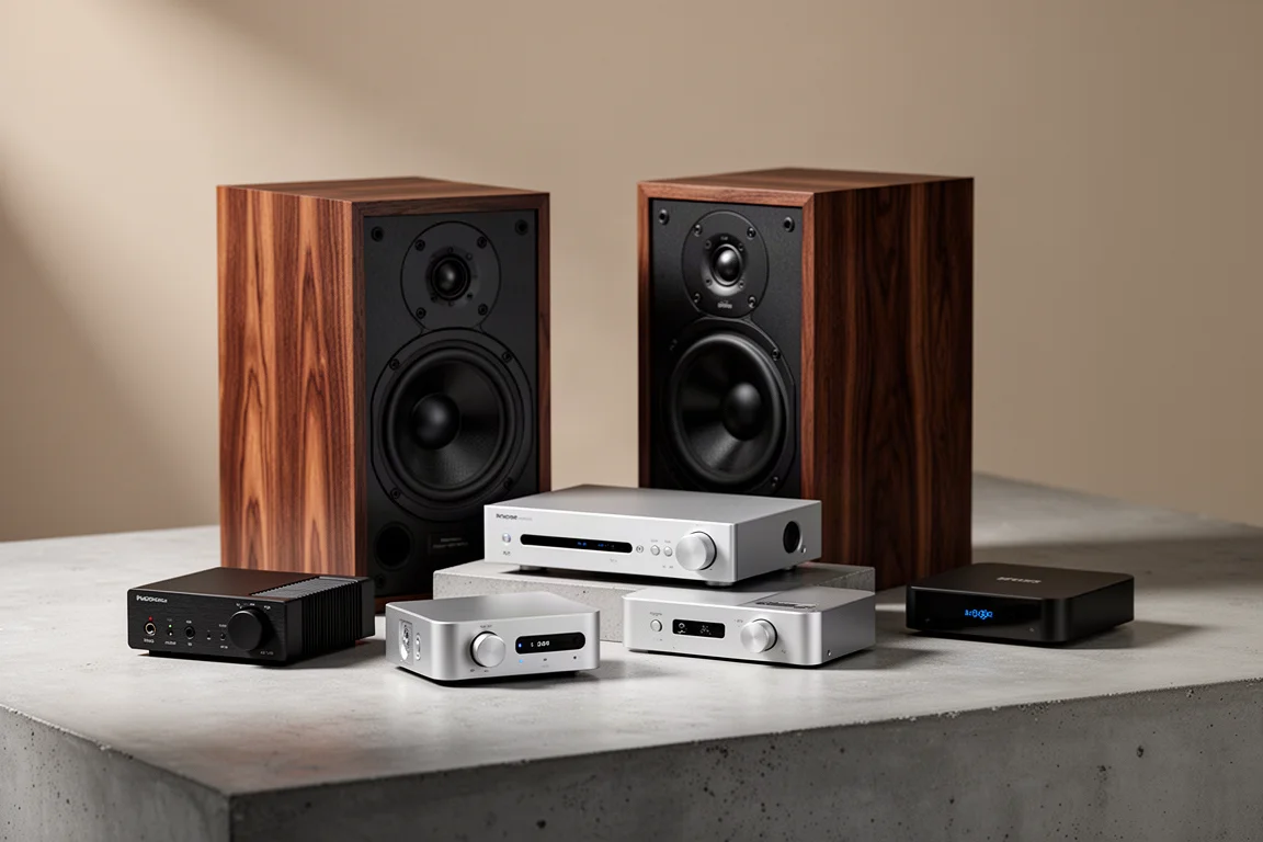 Group of compact hi-fi components including bookshelf speakers, amplifiers, a DAC and a streamer