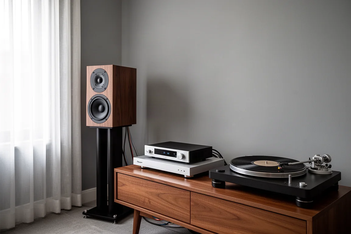 Pièce d'écoute calme avec des enceintes bibliothèque sur pieds, un amplificateur fin et une platine vinyle