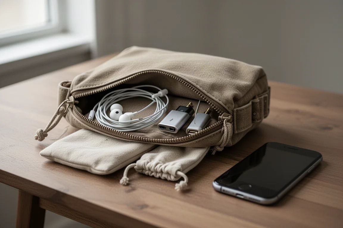 Petit sac de voyage avec des câbles d'écouteurs enroulés, un adaptateur pour téléphone et un smartphone sur une table