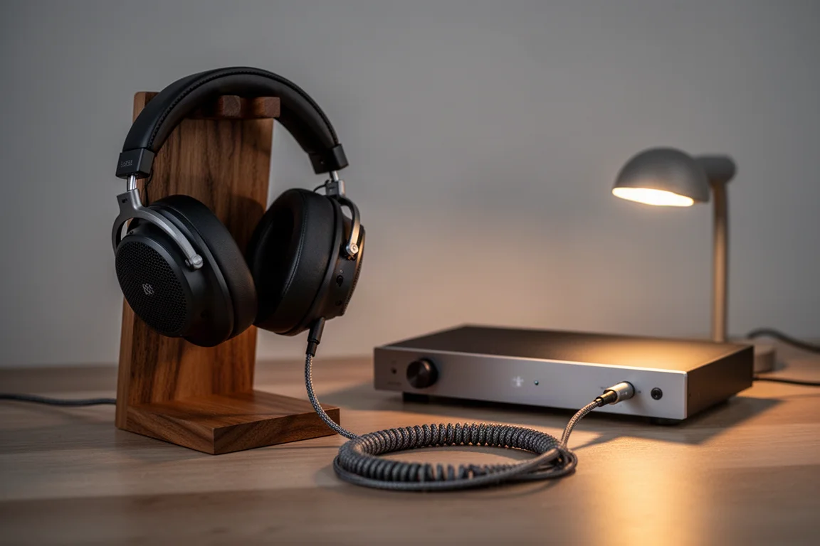 Grand casque planaire fermé sur un support en bois à côté d'un amplificateur de bureau fin