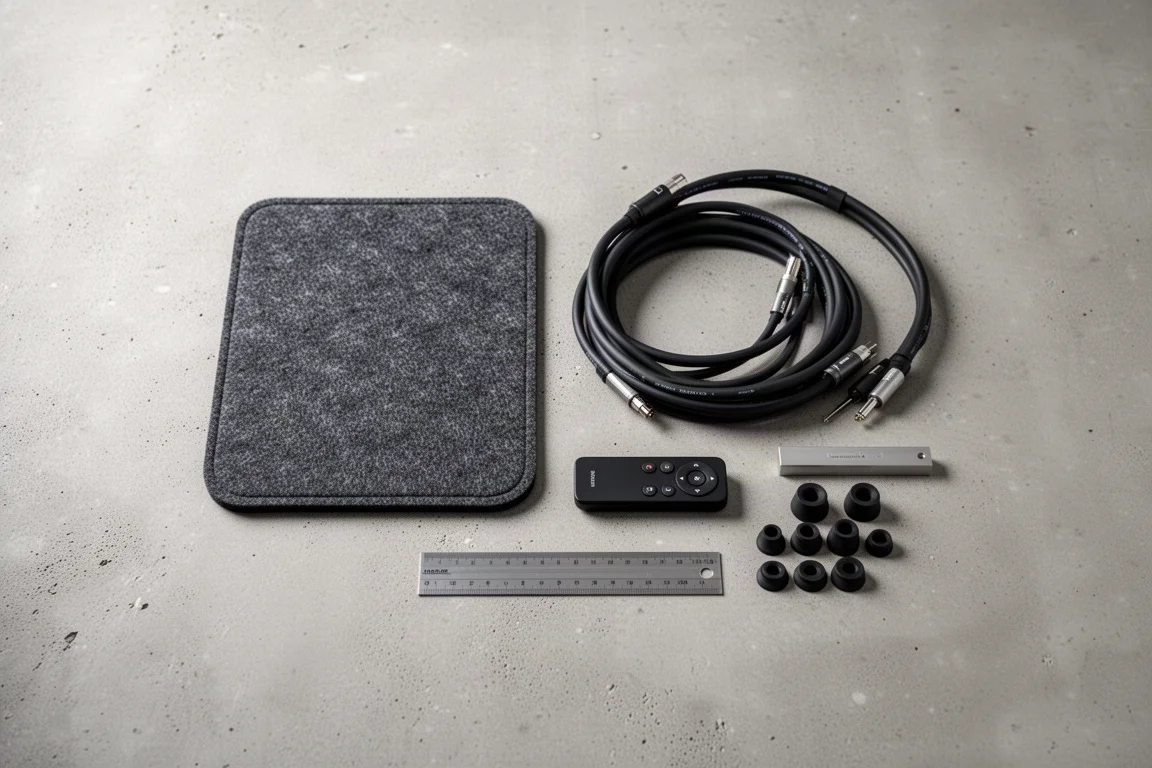Vue à plat d'accessoires pour installation hi-fi sur béton, dont câbles, télécommande et patins d'isolation