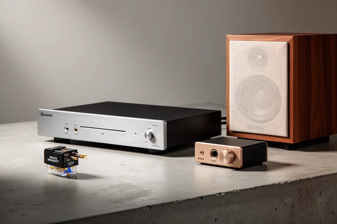 Phono cartridge, integrated amplifier, desktop headphone amp, and bookshelf speaker on concrete