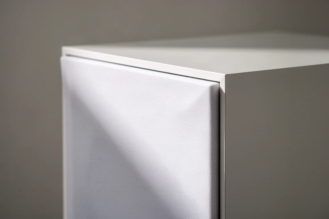 Close na borda de baffle branco fosco com canto chanfrado sob luz rasante