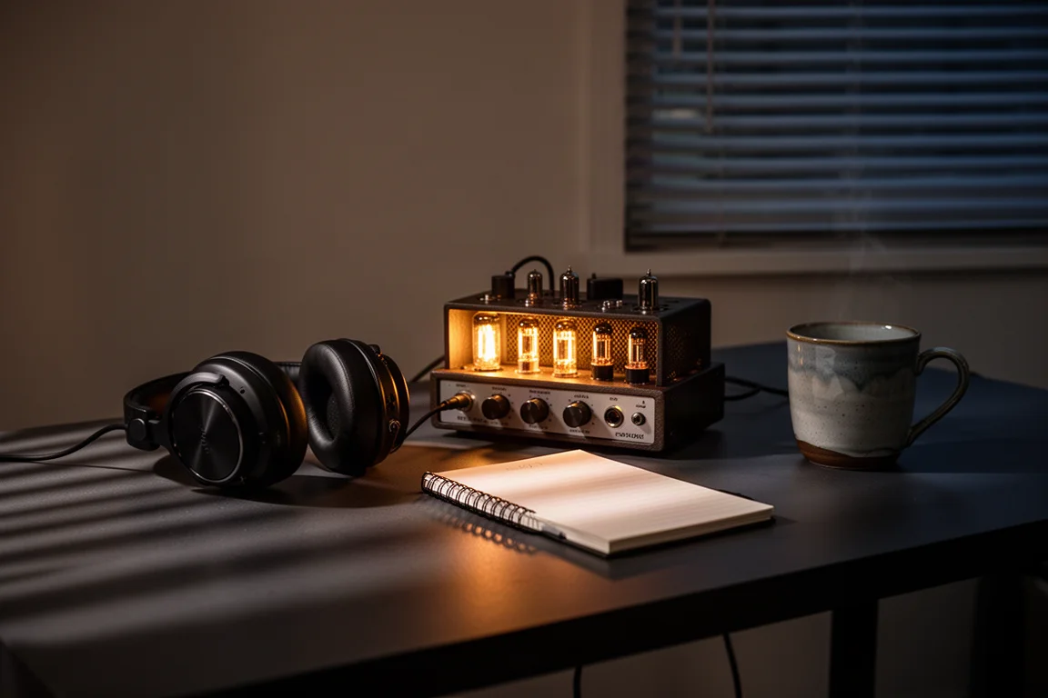 Escrivaninha mal iluminada à noite com amplificador a válvula brilhando ao lado de fones circumaurais