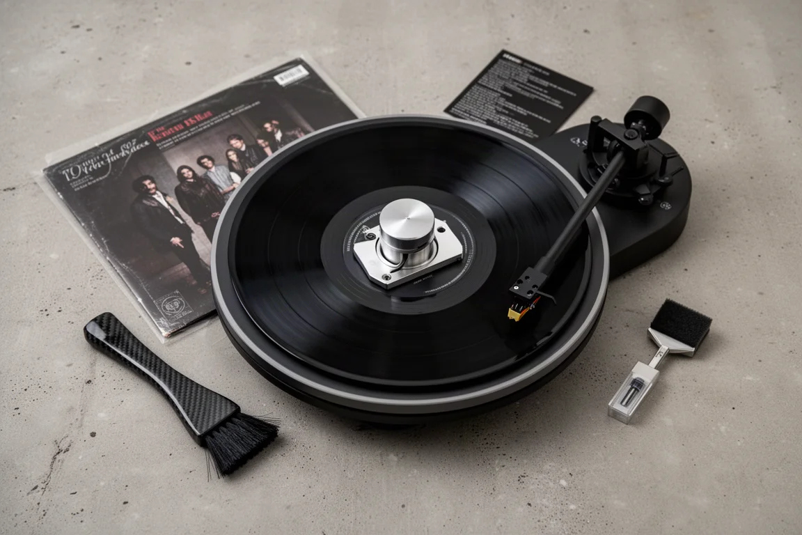Vista superior de prato de toca-discos com disco de vinil e clamp metálico no centro