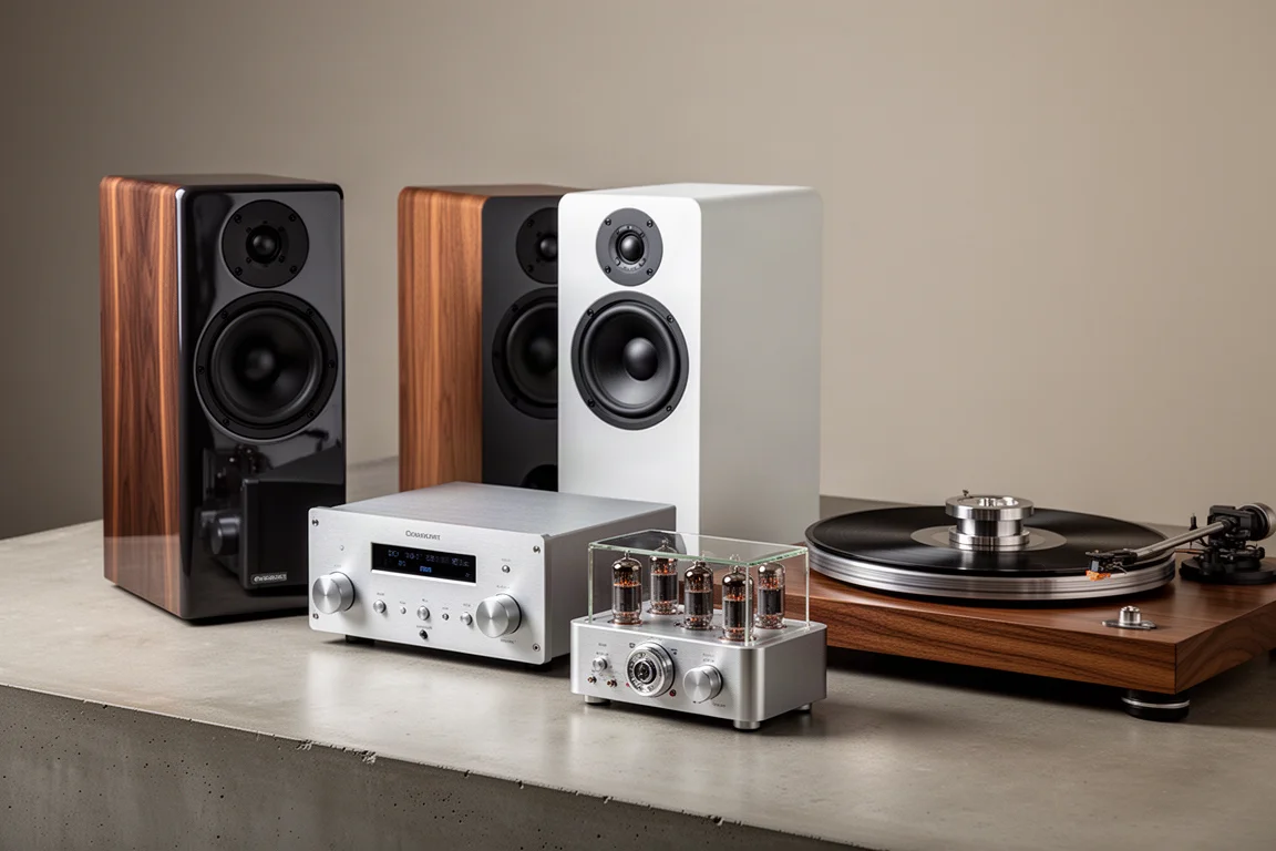 Group of hi-fi components including two standmount speakers, an amplifier and a turntable on concrete