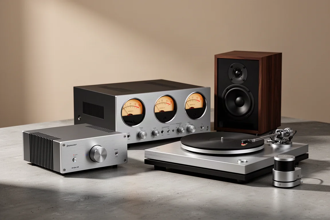 Hi-fi components arranged on concrete: compact amplifier, VU-meter amplifier, bookshelf speaker and turntable plinth