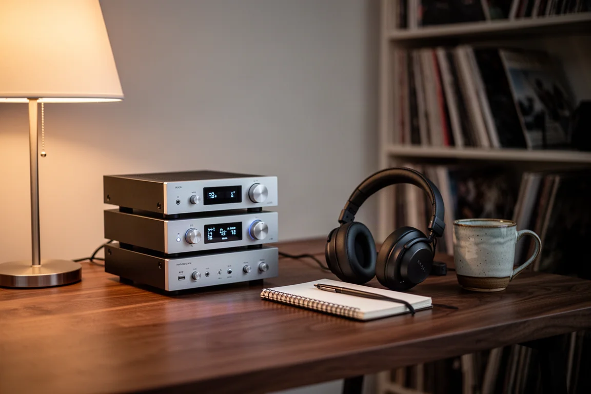 Small desktop audio stack and headphones on a walnut desk in a dim listening room