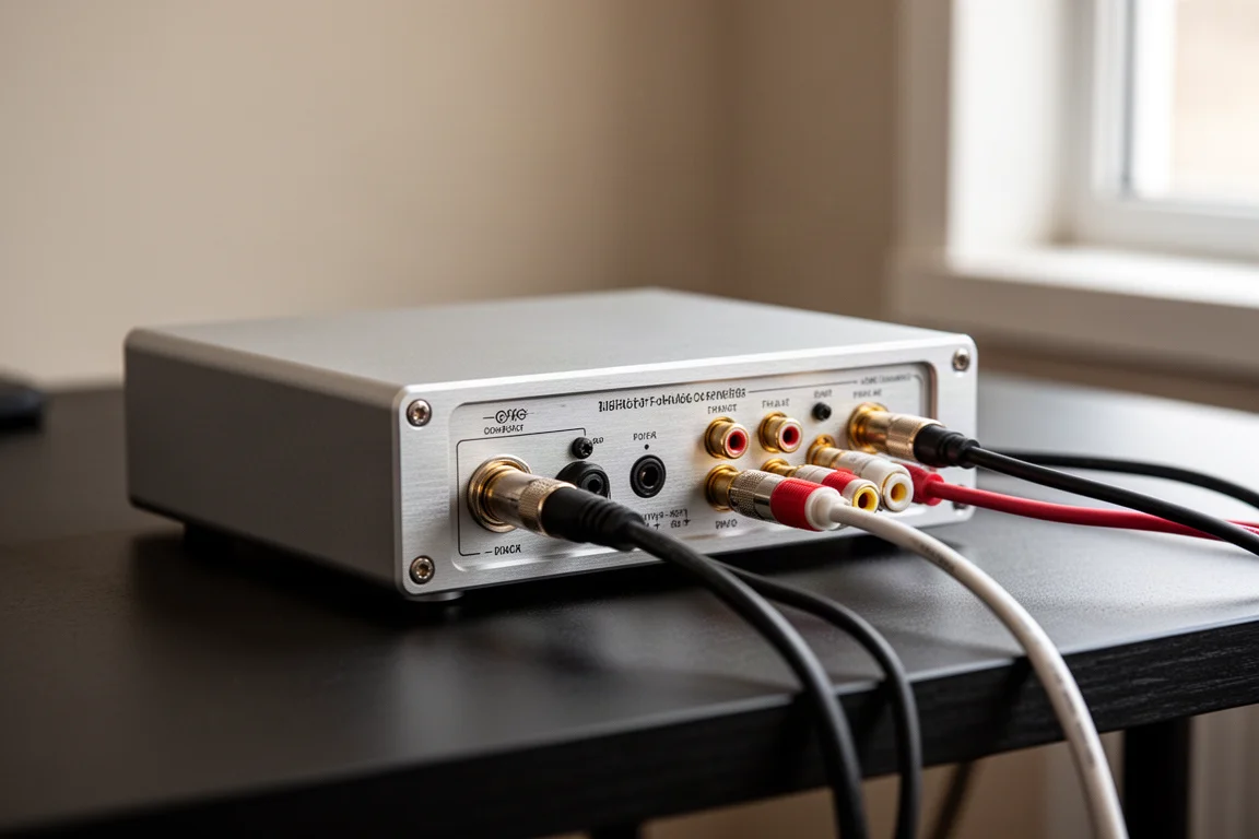 Close-up of rear panel connections on a compact metal desktop DAC