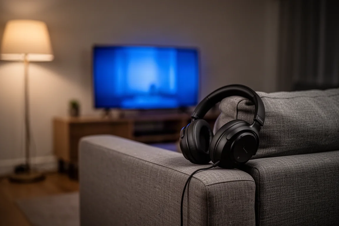 Closed-back headphones on a sofa arm with television glow in a dark room