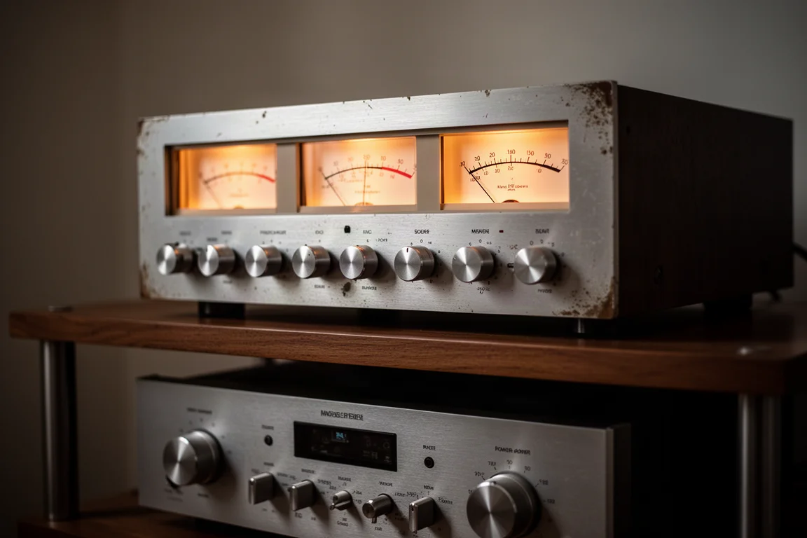 Vintage preamplifier with glowing analog meters on a wooden hi-fi shelf