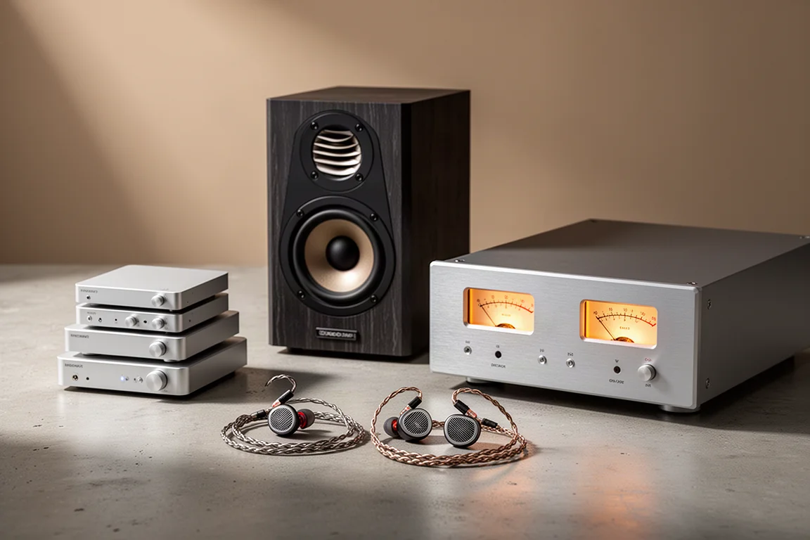 Bookshelf speaker, silver desktop audio stack, in-ear monitors, and vintage amplifier on concrete