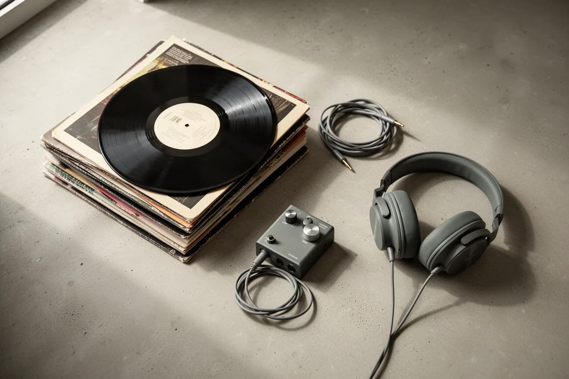 Disposizione piatta dall'alto di dischi in vinile, cuffie e un piccolo amplificatore per cuffie su cemento