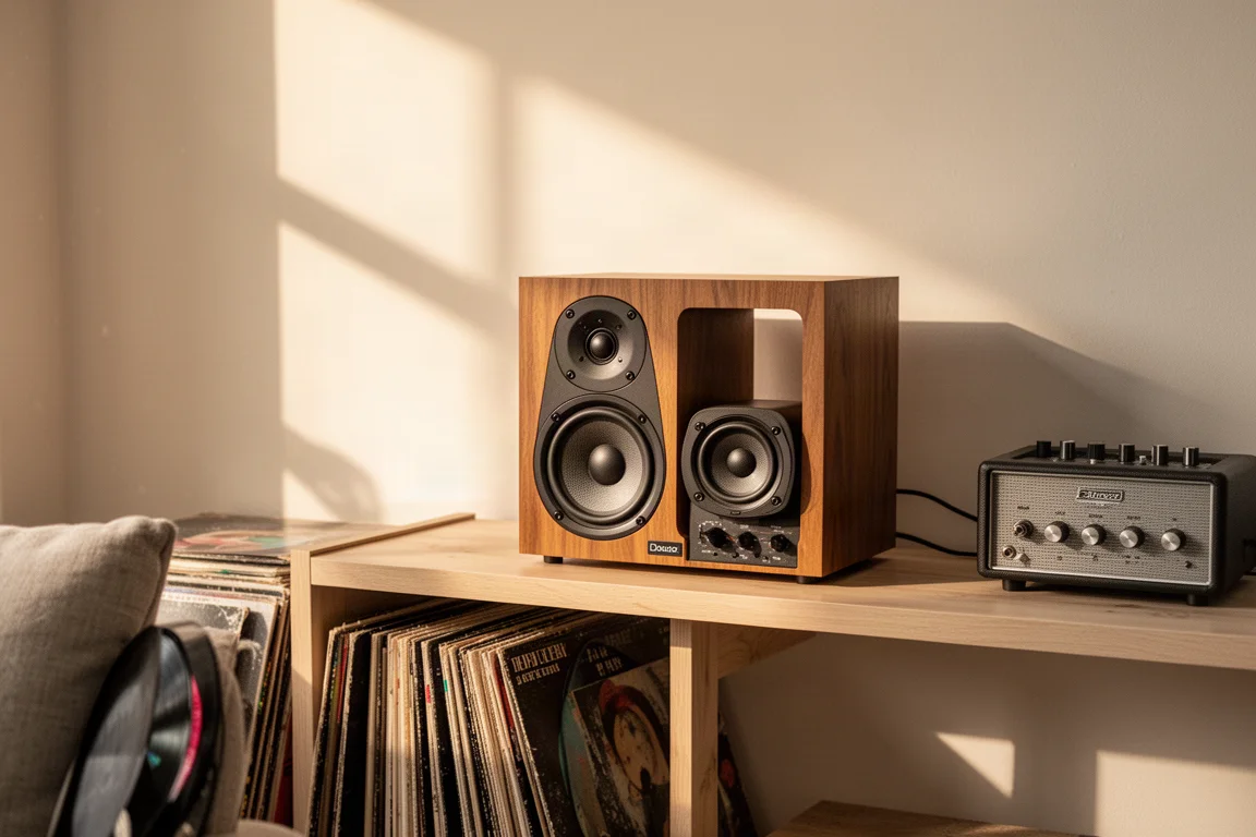 Diffusore da scaffale compatto su una mensola di legno accanto a dischi e a un piccolo amplificatore