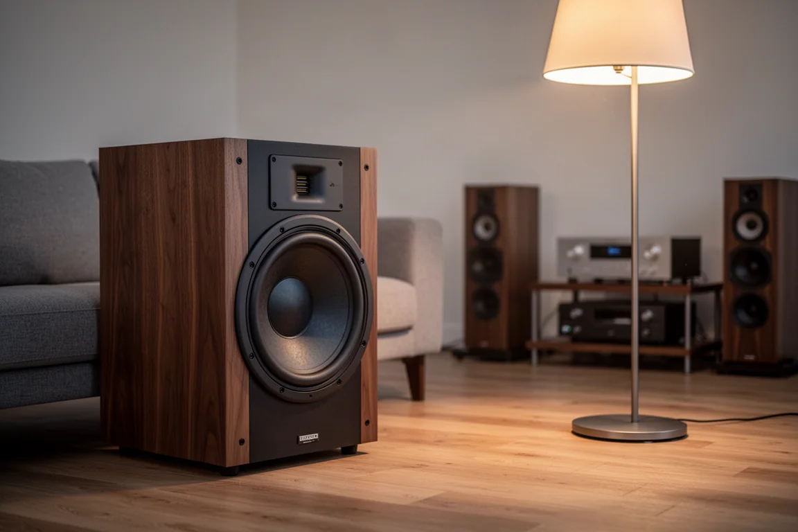 Grande subwoofer sigillato nell'angolo di un soggiorno al tramonto accanto a un divano