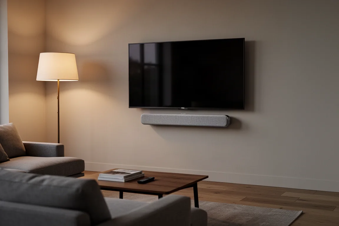 Soundbar sottile sotto una televisione montata a parete in un moderno soggiorno