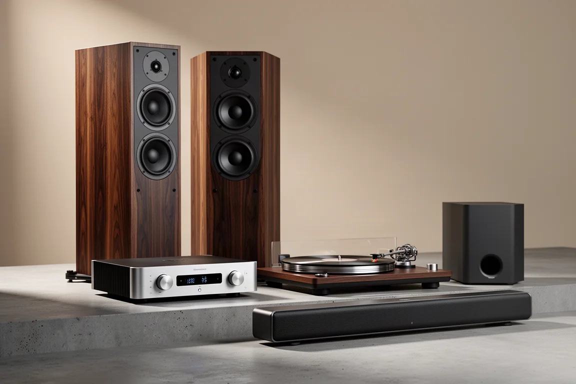 Group of hi-fi components including floorstanding speakers, amplifier, turntable and soundbar