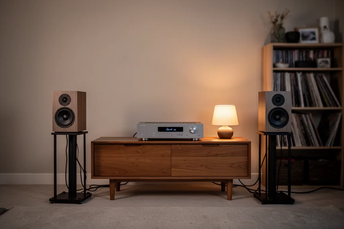 Living room listening setup with standmount speakers and a slim receiver