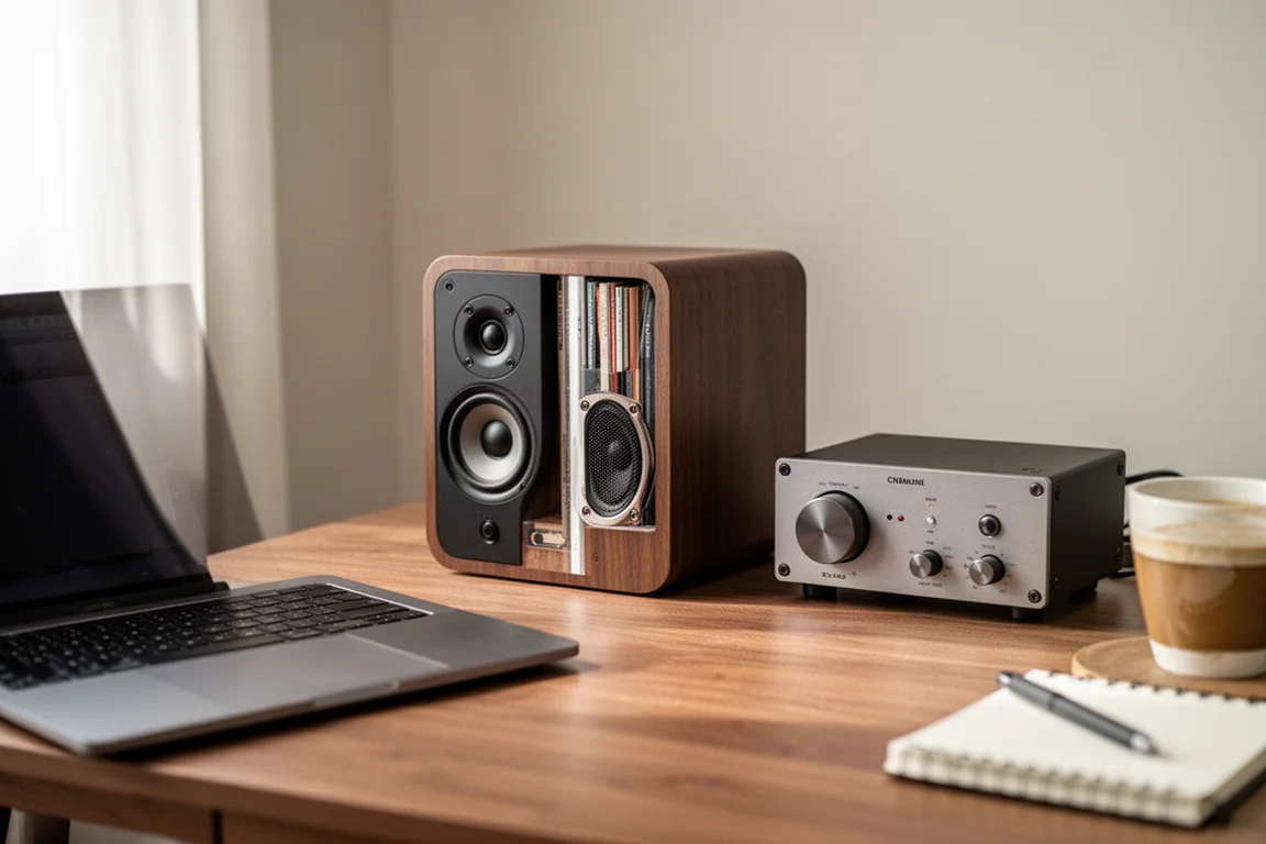 Compact bookshelf speaker on a desk beside a laptop and small amplifier