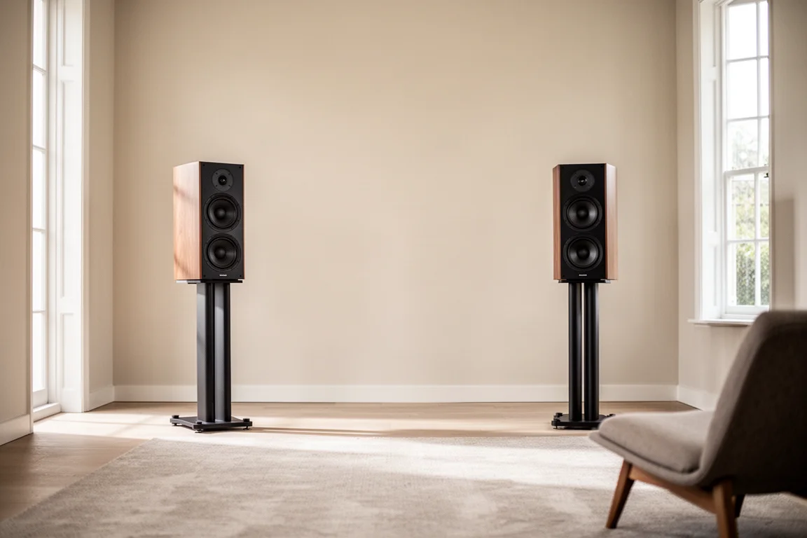 Pair of large standmount speakers on tall stands in a bright listening room