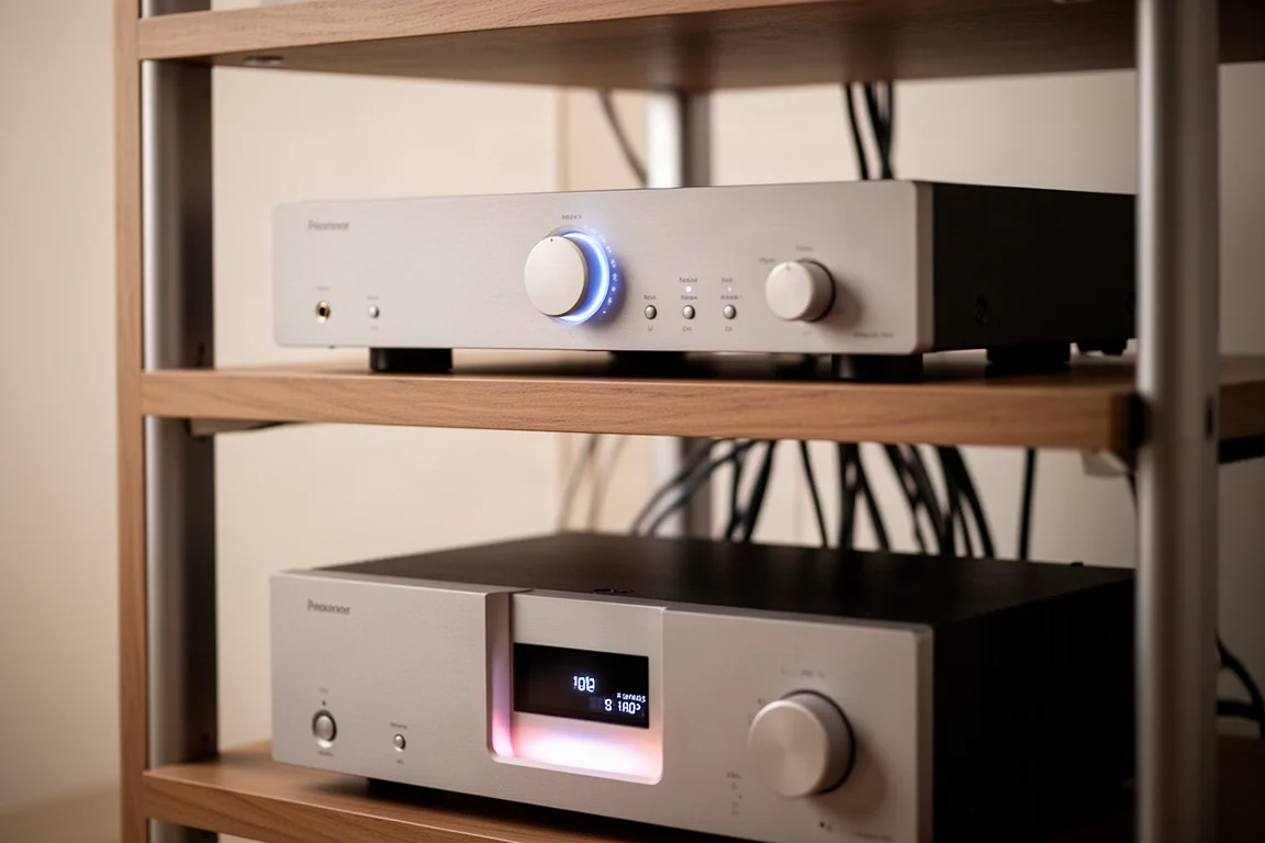 Hi-fi rack with a preamplifier and power amplifier on separate shelves