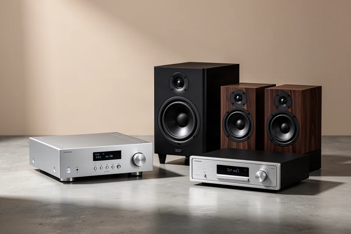 Group of hi-fi components including a receiver, subwoofer, bookshelf speakers, and preamplifier