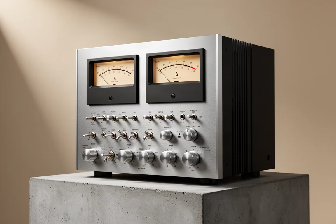 Silver aluminium integrated amplifier with analogue level meters and rotary dials on concrete