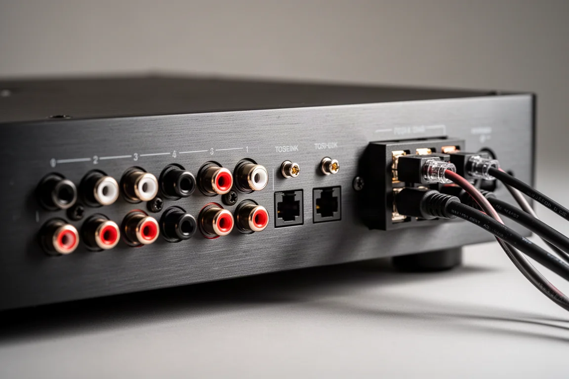 Nahaufnahme der Rückwandanschlüsse und Lautsprecherklemmen an einem High-End-Audioverstärker