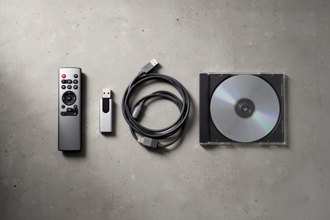 Flat-Lay einer Fernbedienung, eines USB-Sticks, eines optischen Kabels und einer CD-Hülle auf Beton