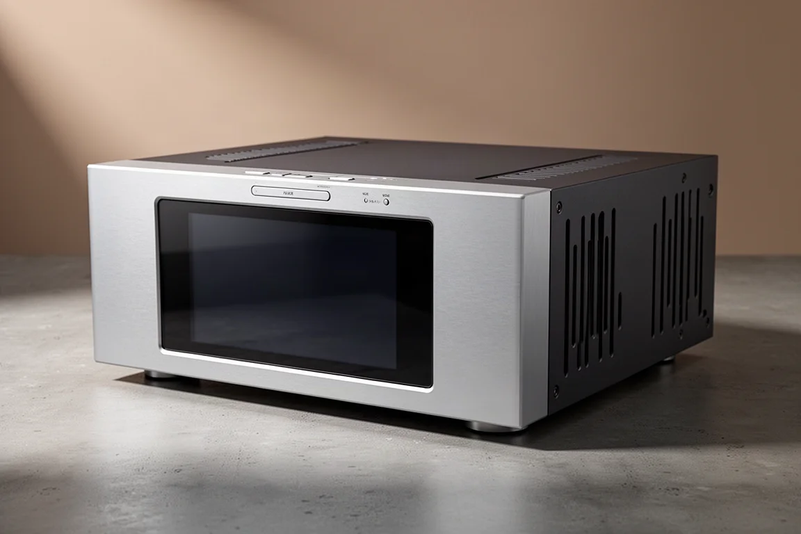 Brushed silver integrated amplifier with a large dark touchscreen on a concrete surface