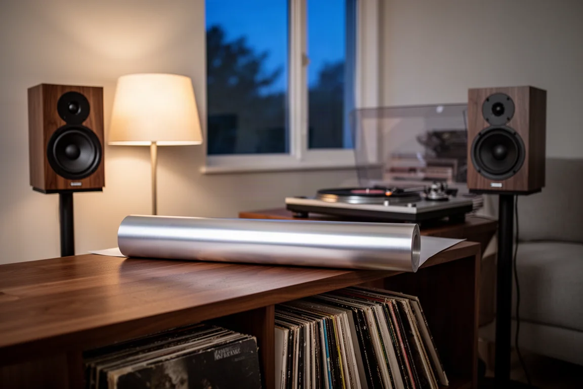 Streamer on a walnut shelf between speakers in a softly lit listening room at dusk