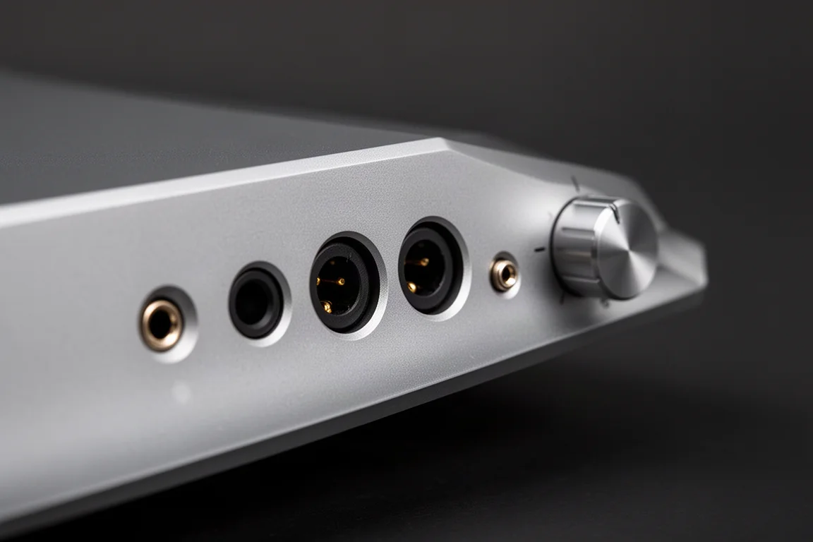 Close-up of three headphone sockets and a selector dial on an aluminum panel