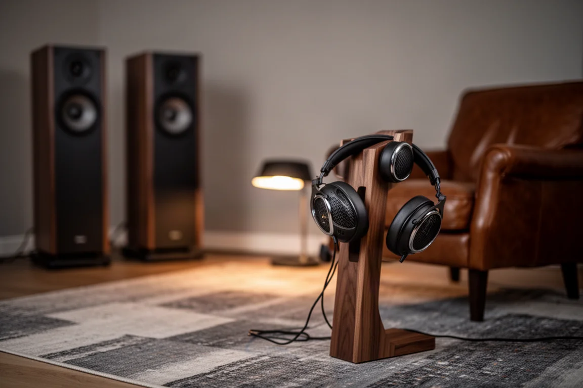 Open-back headphones on a wooden stand beside an armchair in a lamp-lit listening room