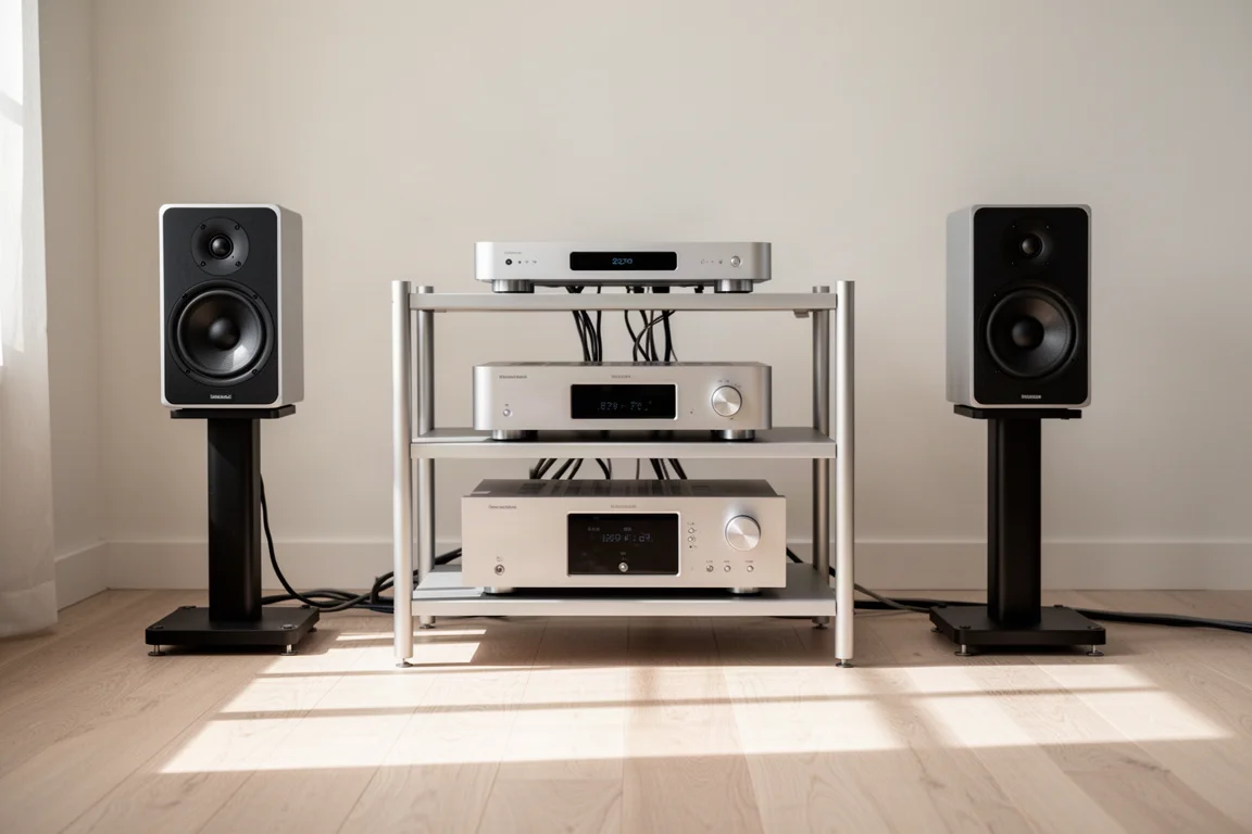 Minimalist hi-fi rack with a streamer, amplifier, and bookshelf speakers in morning light