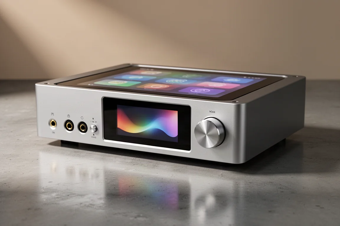 Silver aluminum network streamer with touchscreen and headphone outputs on concrete