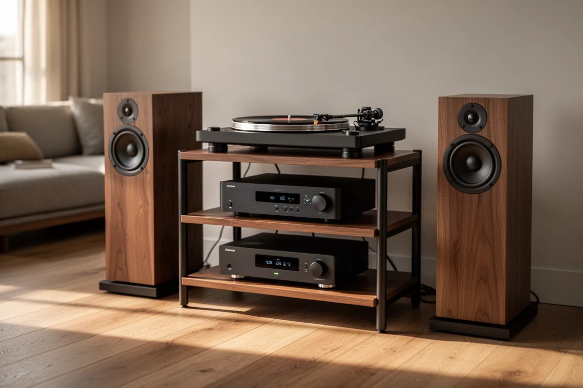Hi-fi-ställ med skivspelare, förstärkare och bokhyllehögtalare i ett vardagsrum