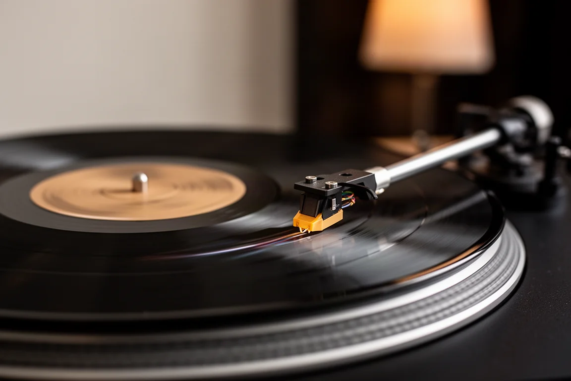 Närbild på en vinylskiva som snurrar under en skivspelares tonarm