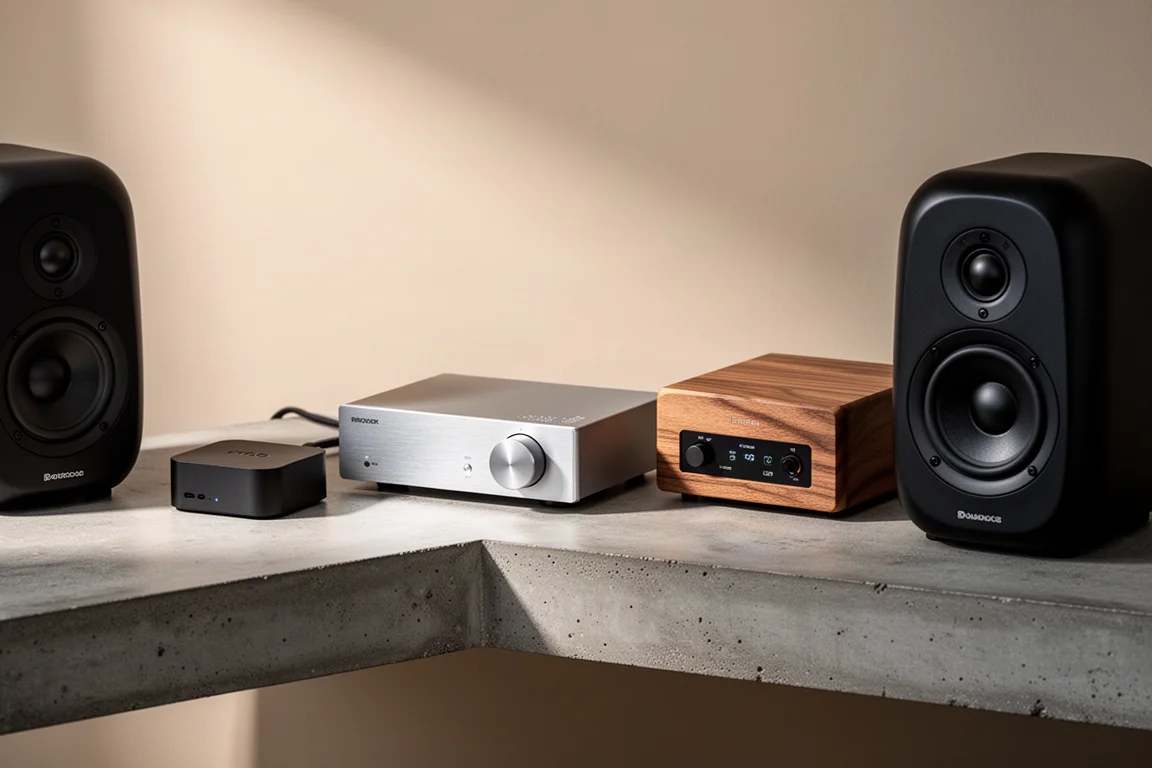 Hi-fi components including a streamer, preamplifier, converter and bookshelf speakers on a concrete shelf